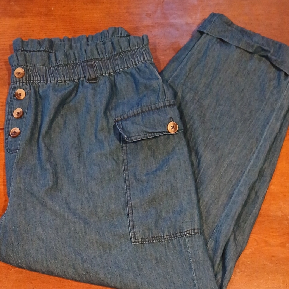 Elastic-Waist Denim Cargo Joggers - Blue